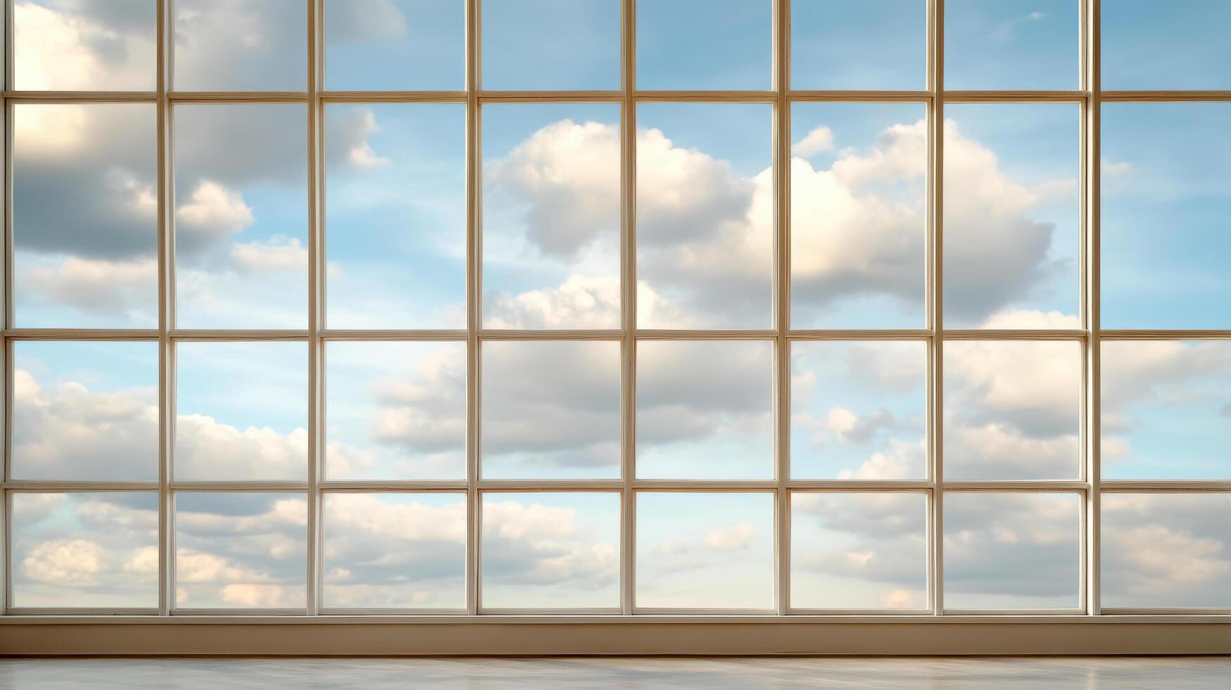 An empty room with a window and sky photo