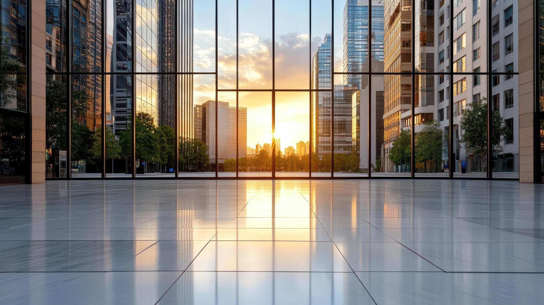 A large glass window in front of a building with a sunset photo