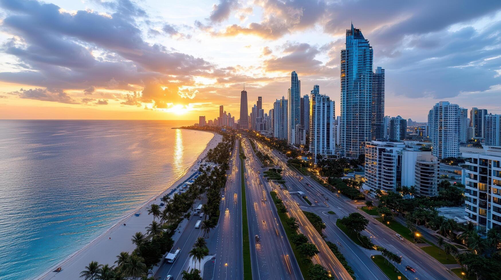 The sun sets over the ocean and city skyline in dubai photo