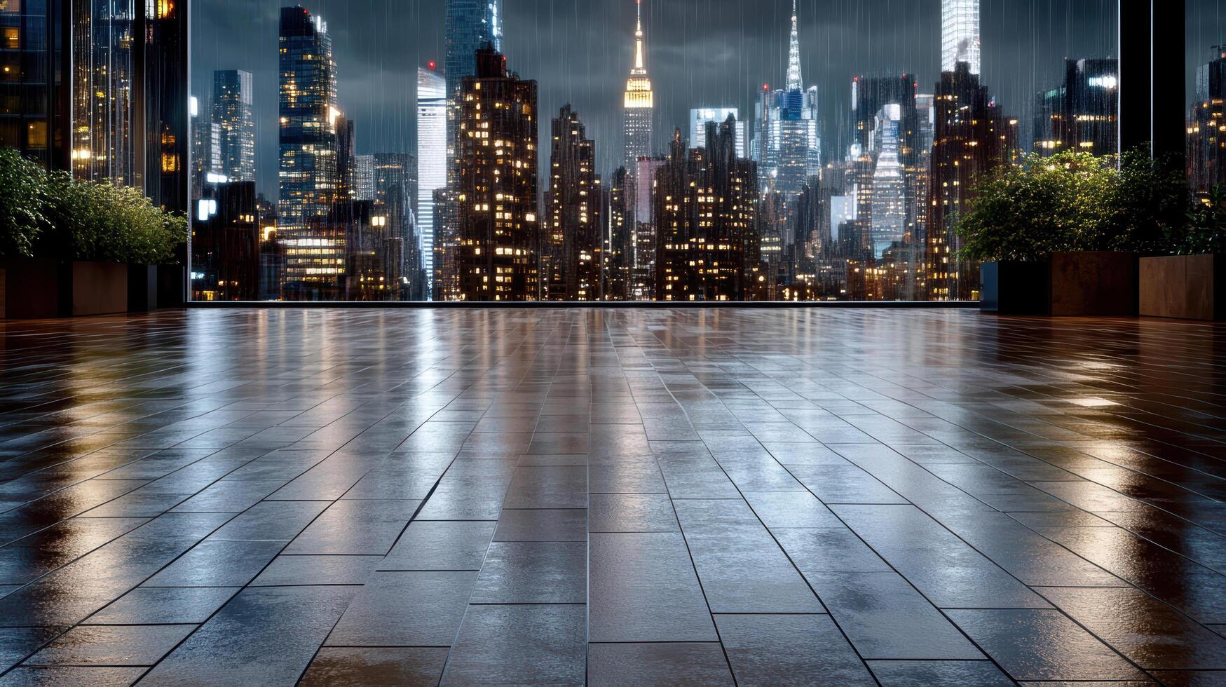 A view of a city at night with a wooden floor photo