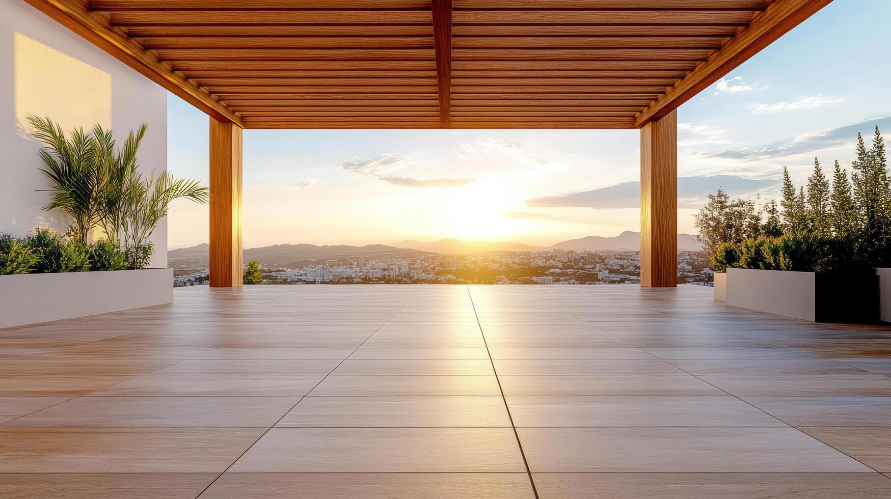 A view of a patio with a sun setting over it photo