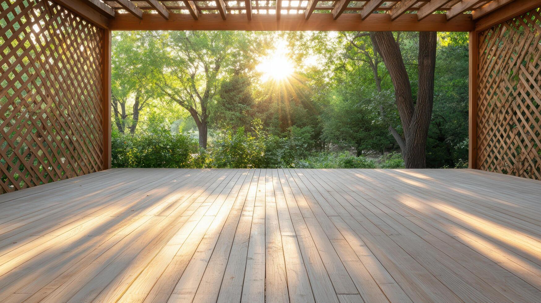 A wooden deck with a sun shining through the trees photo