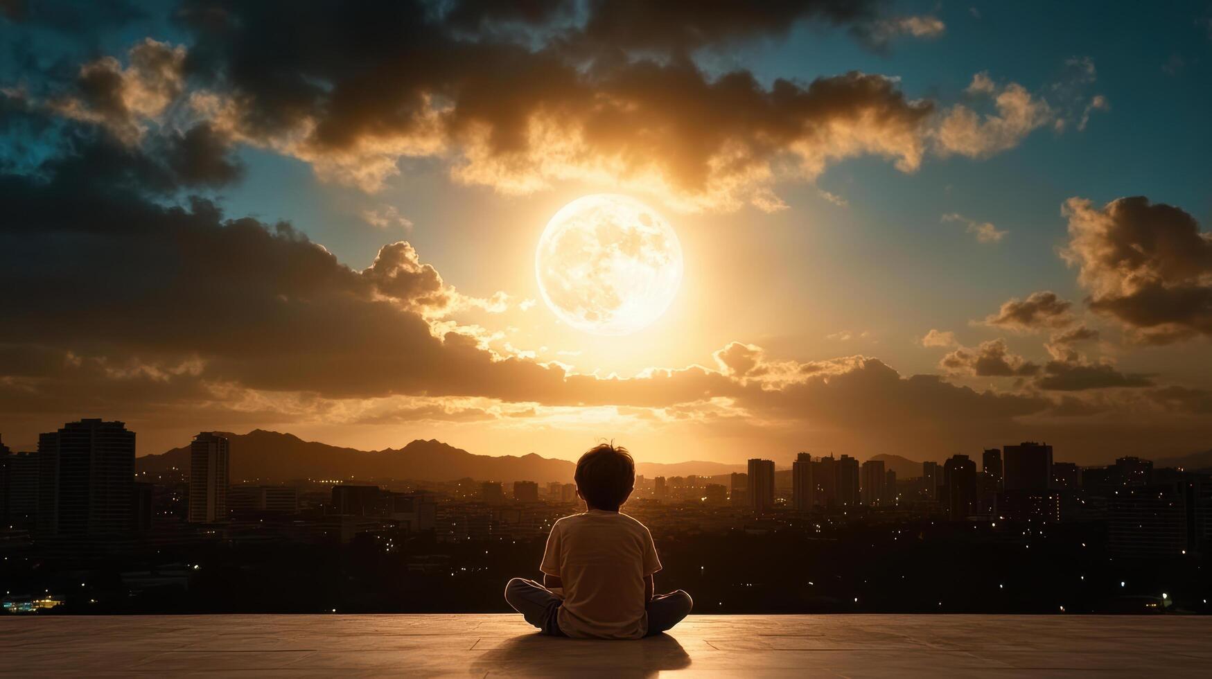 A man sitting in meditation pose with the sun setting behind him photo