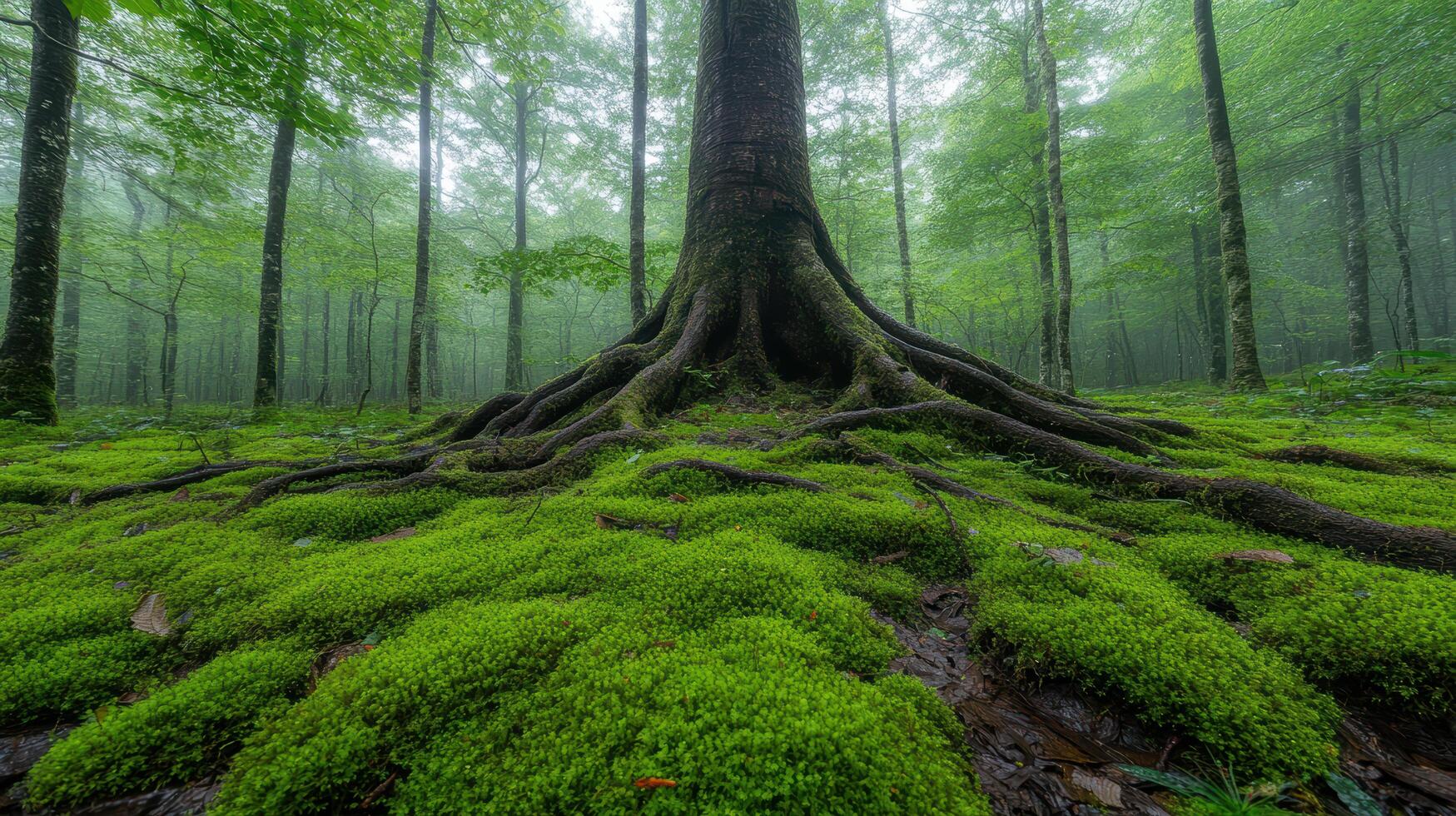 A tree with mossy roots in a forest photo