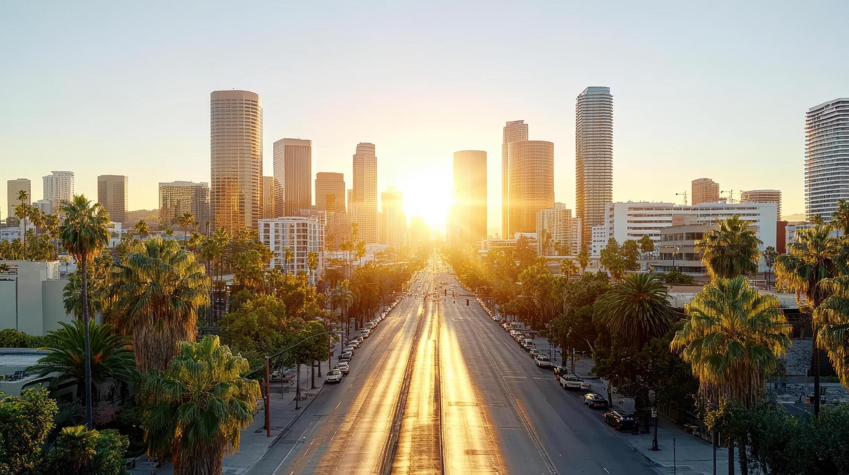 The sun is setting over a city street with palm trees photo