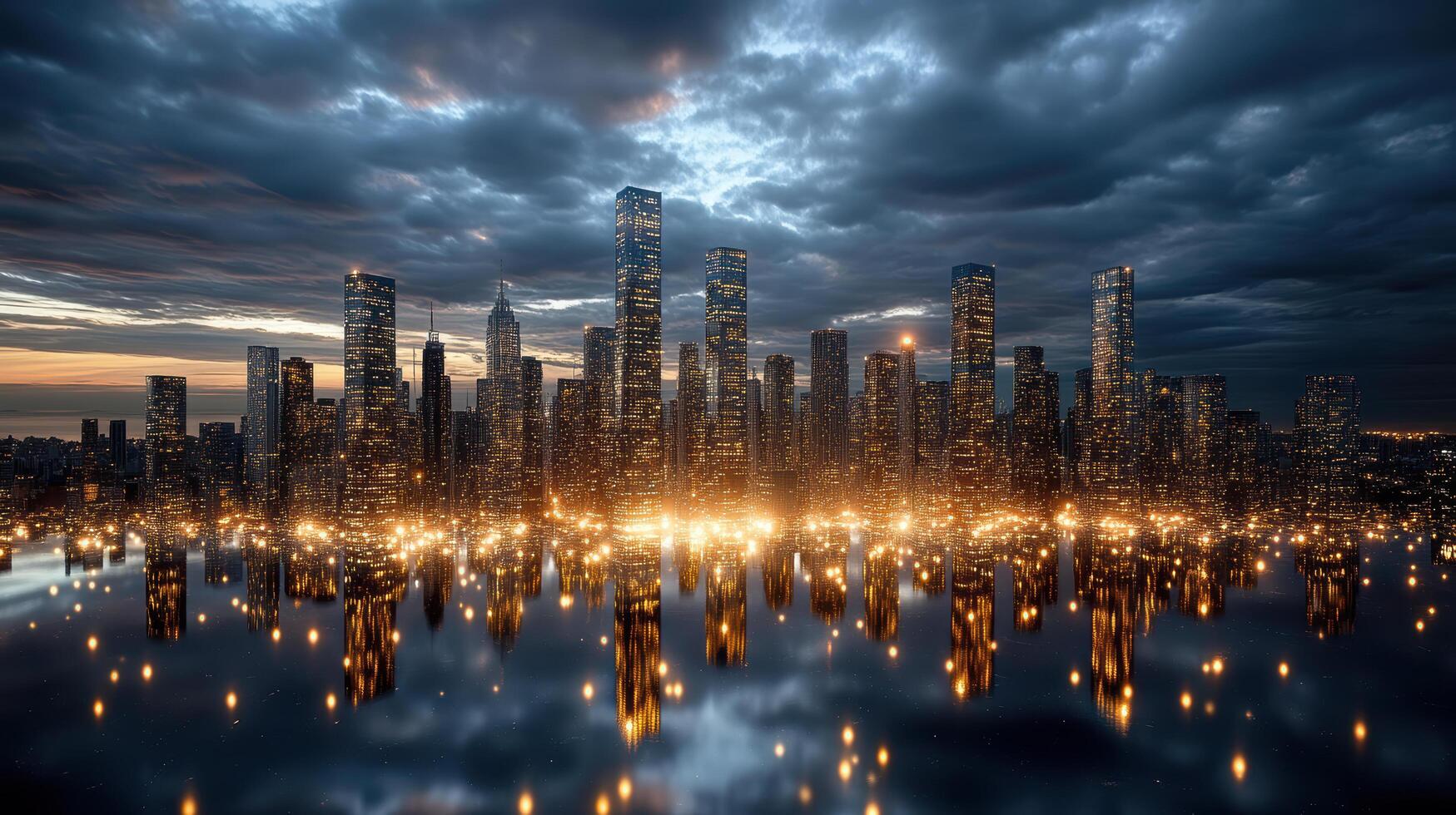 A city with skyscrapers and lights reflected in water photo