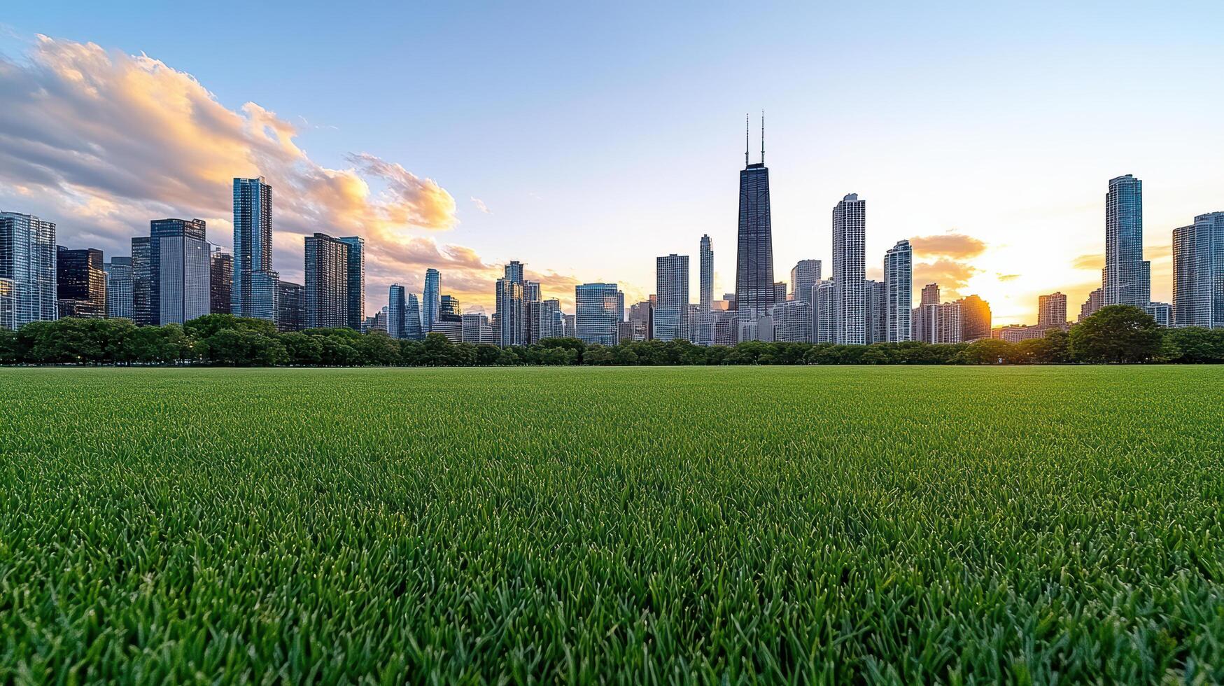 A grassy field with a city skyline in the background photo