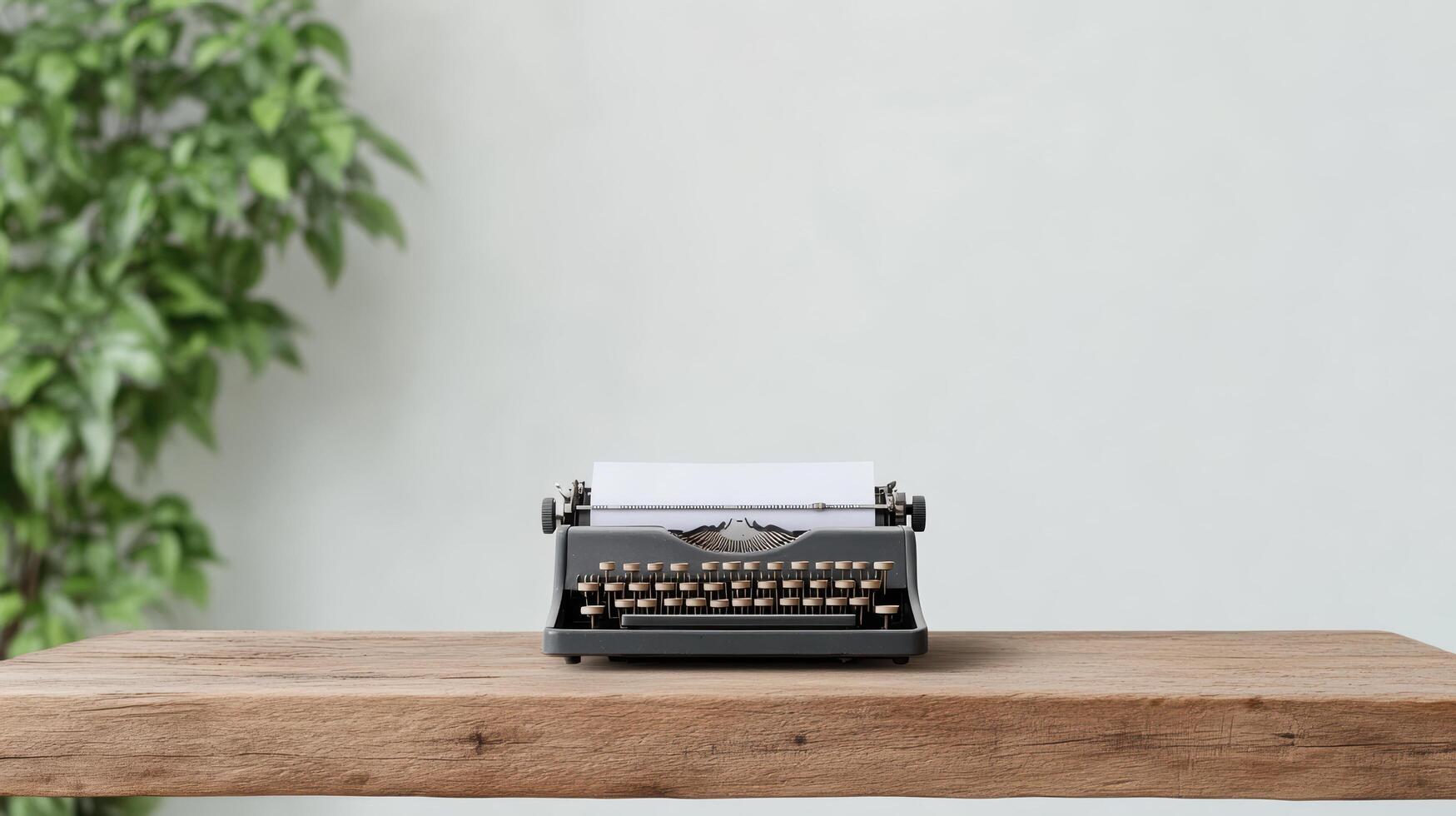 An old typewriter on a wooden table with a plant in the background photo