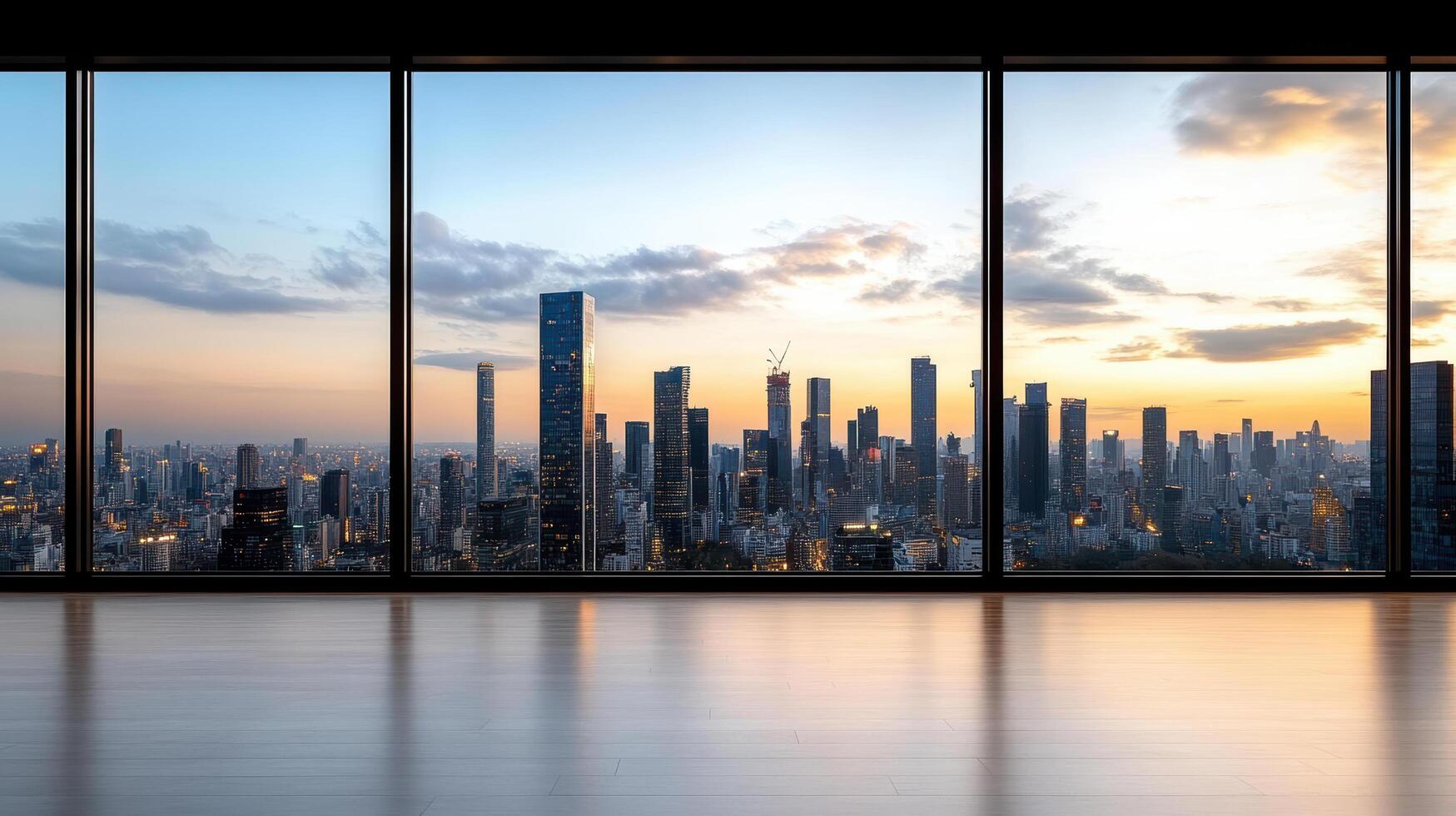 A large window looking out over a city skyline photo