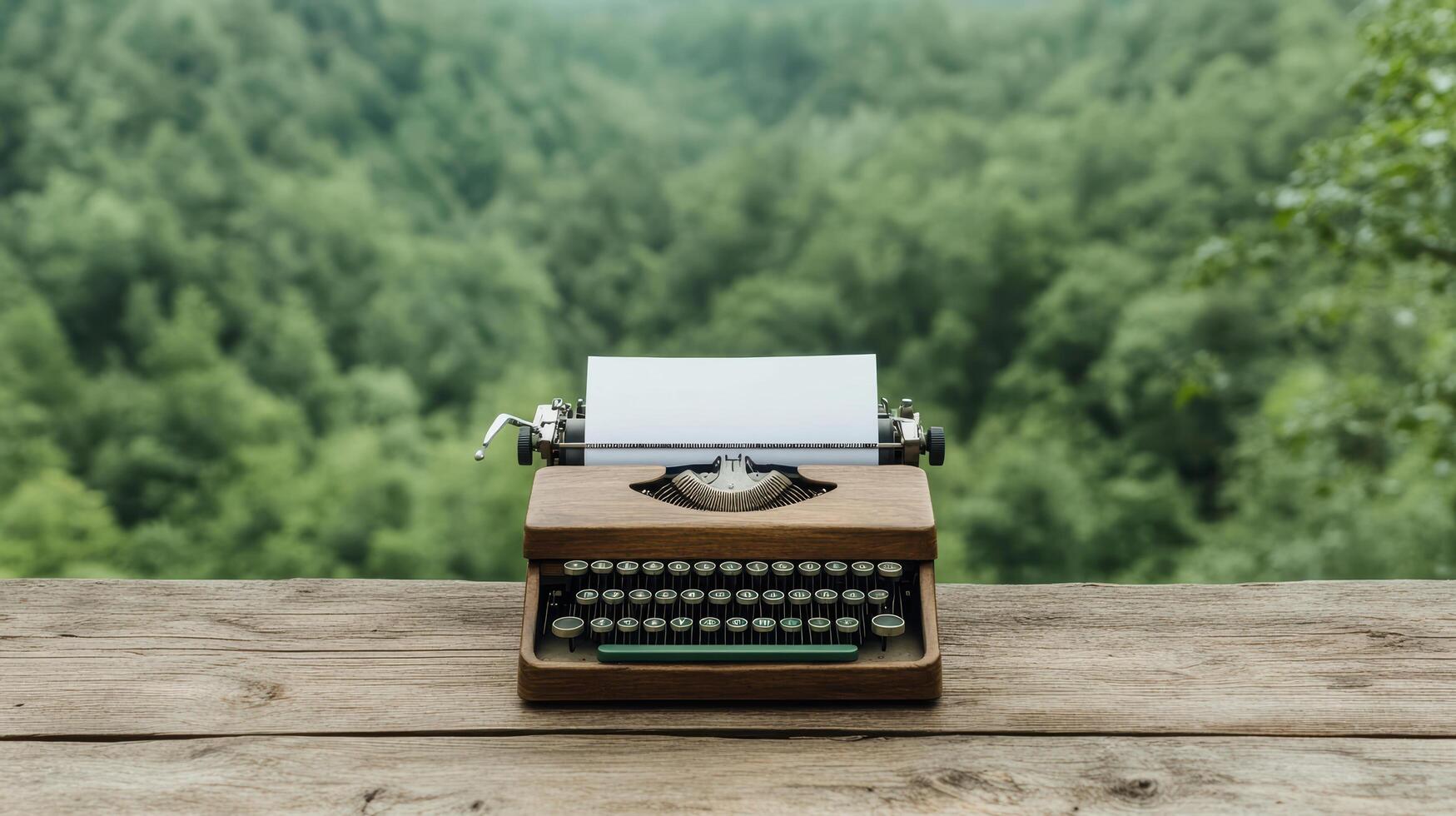 A typewriter on a wooden table in front of a green forest photo