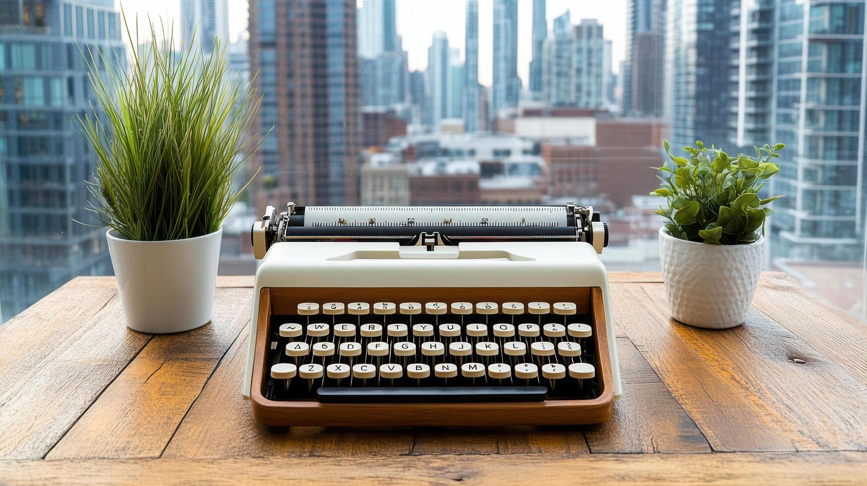 A typewriter sits on a table with a potted plant in front of it photo