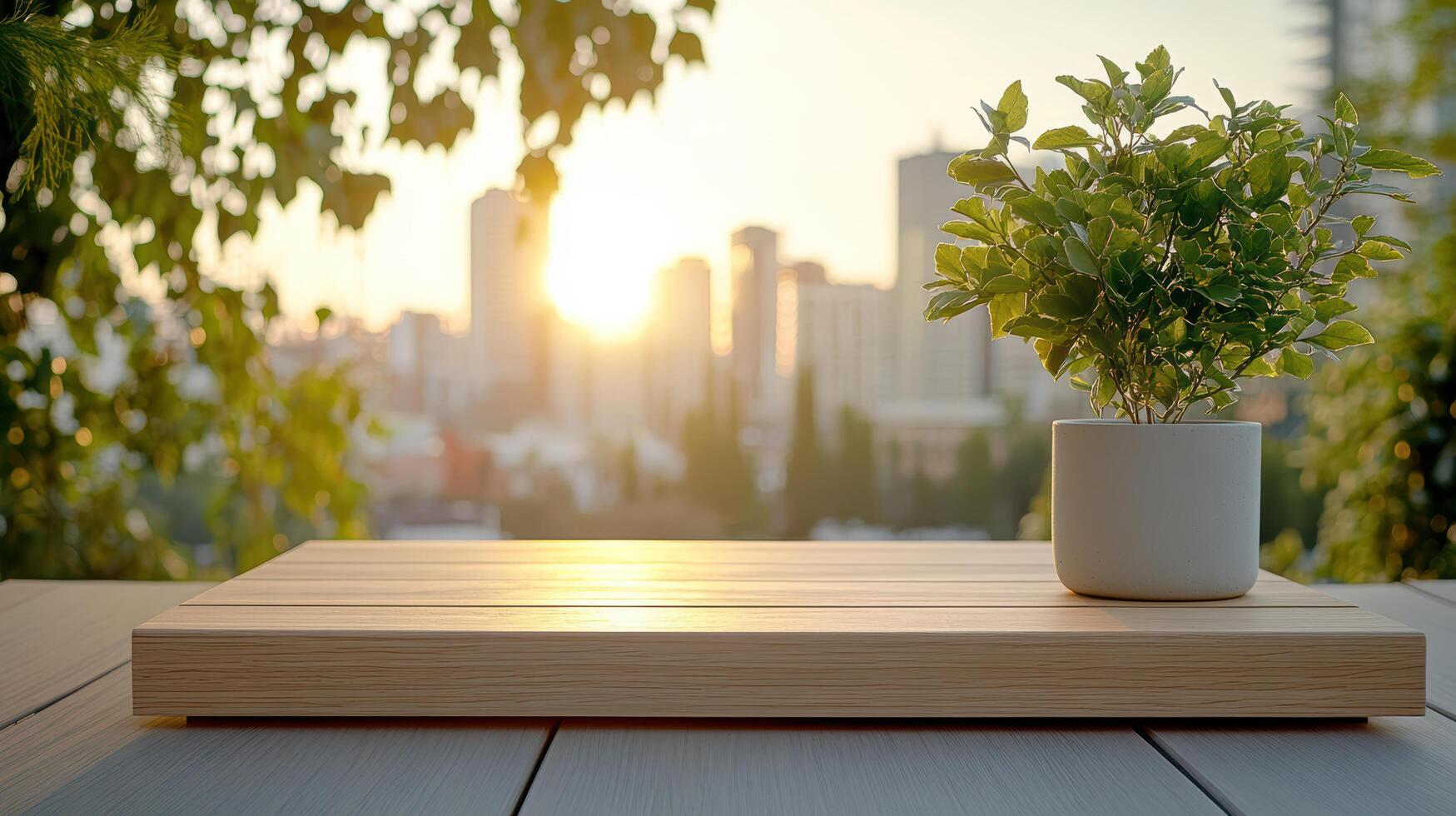 A potted plant sits on a wooden table with a city view photo