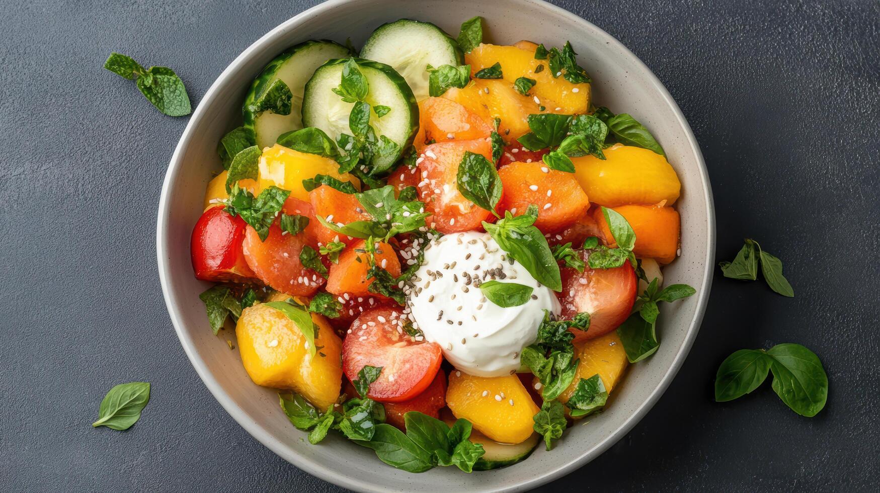 A bowl of vegetables with tomatoes, cucumbers and sour cream photo