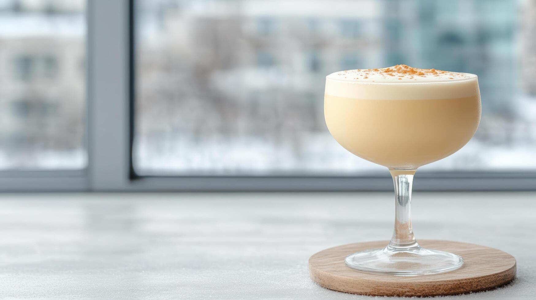 A glass of eggnog sitting on a wooden coaster photo