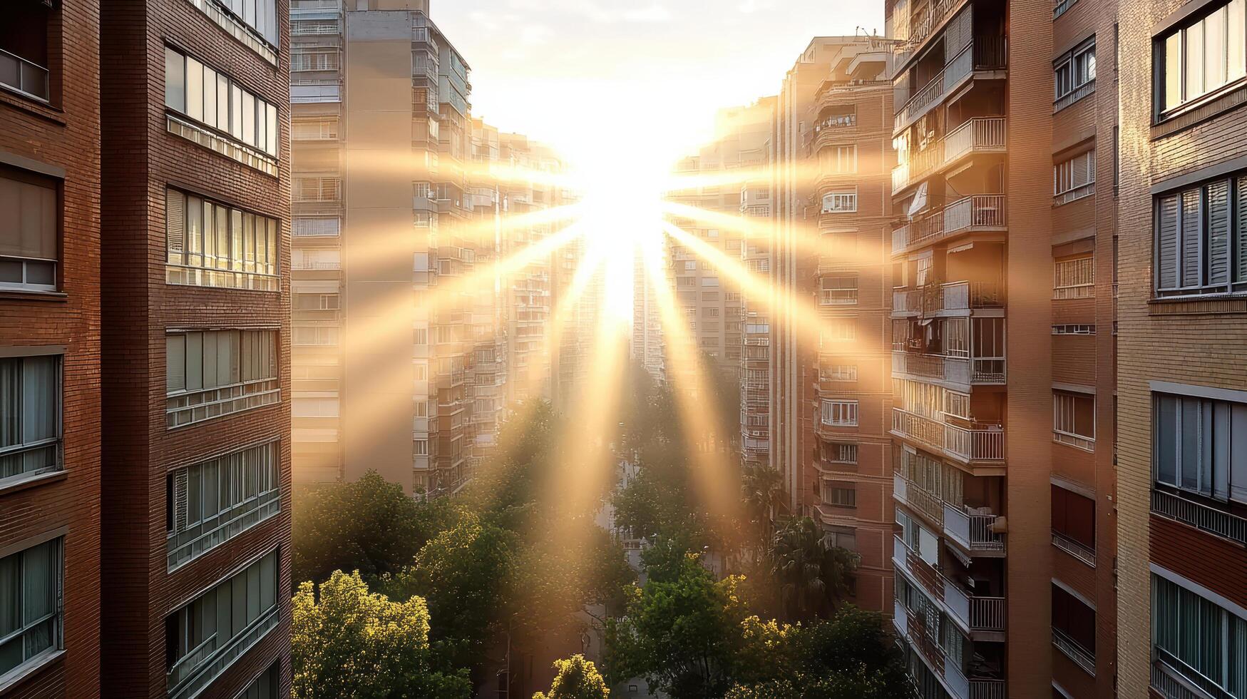 Sunbeams shining through the window of a high rise apartment building photo