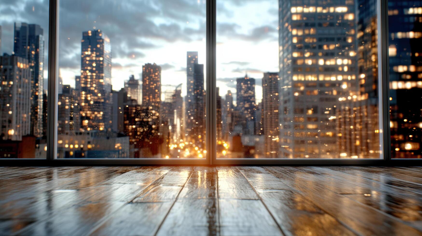 An empty room with a view of the city at night photo