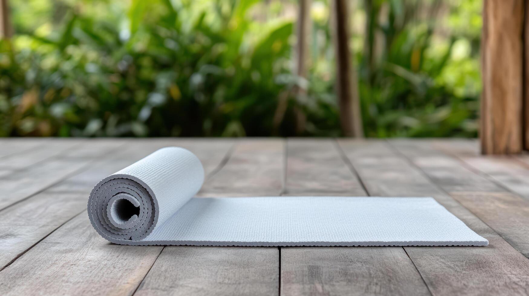 A yoga mat on a wooden floor photo
