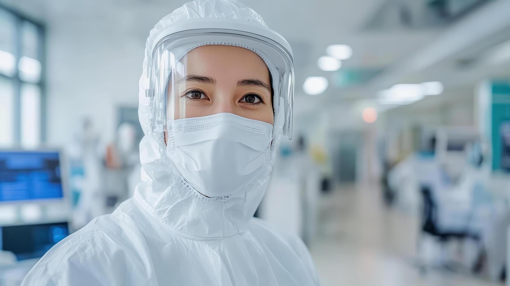 A woman wearing a protective suit and mask photo