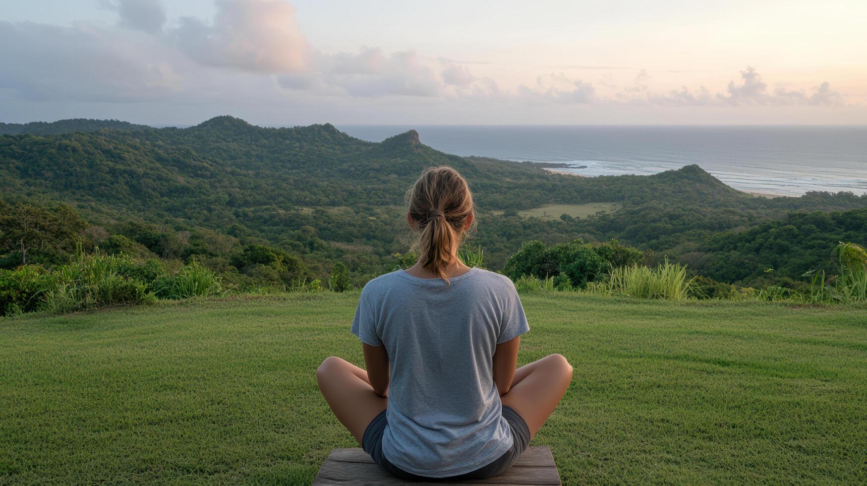 A woman sitting in a meditation pose on a grassy hill overlooking the ocean photo