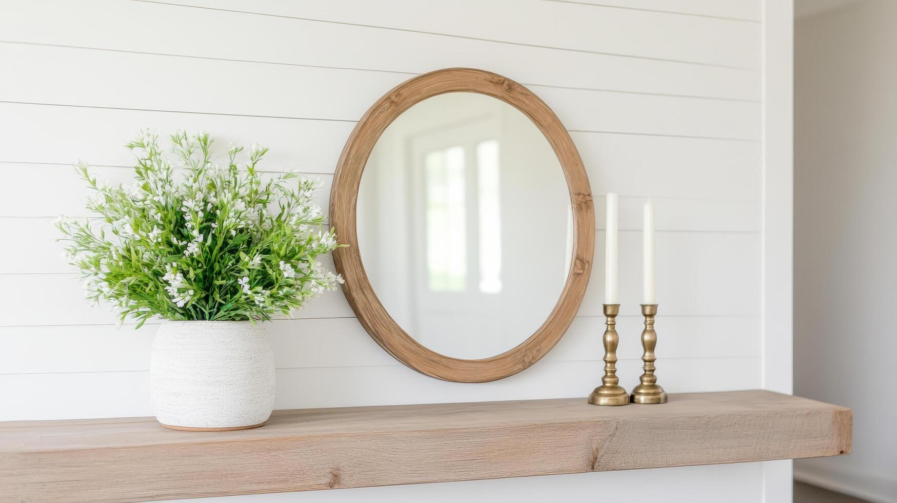 A rustic mantle with a mirror and candles photo