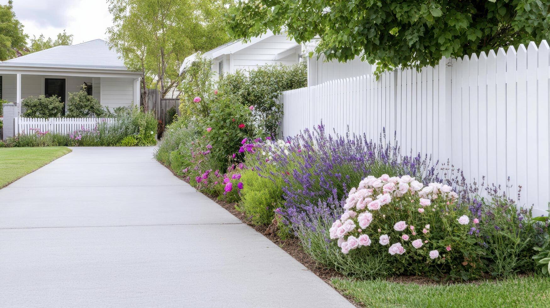 A white picket fence with flowers and shrubs photo