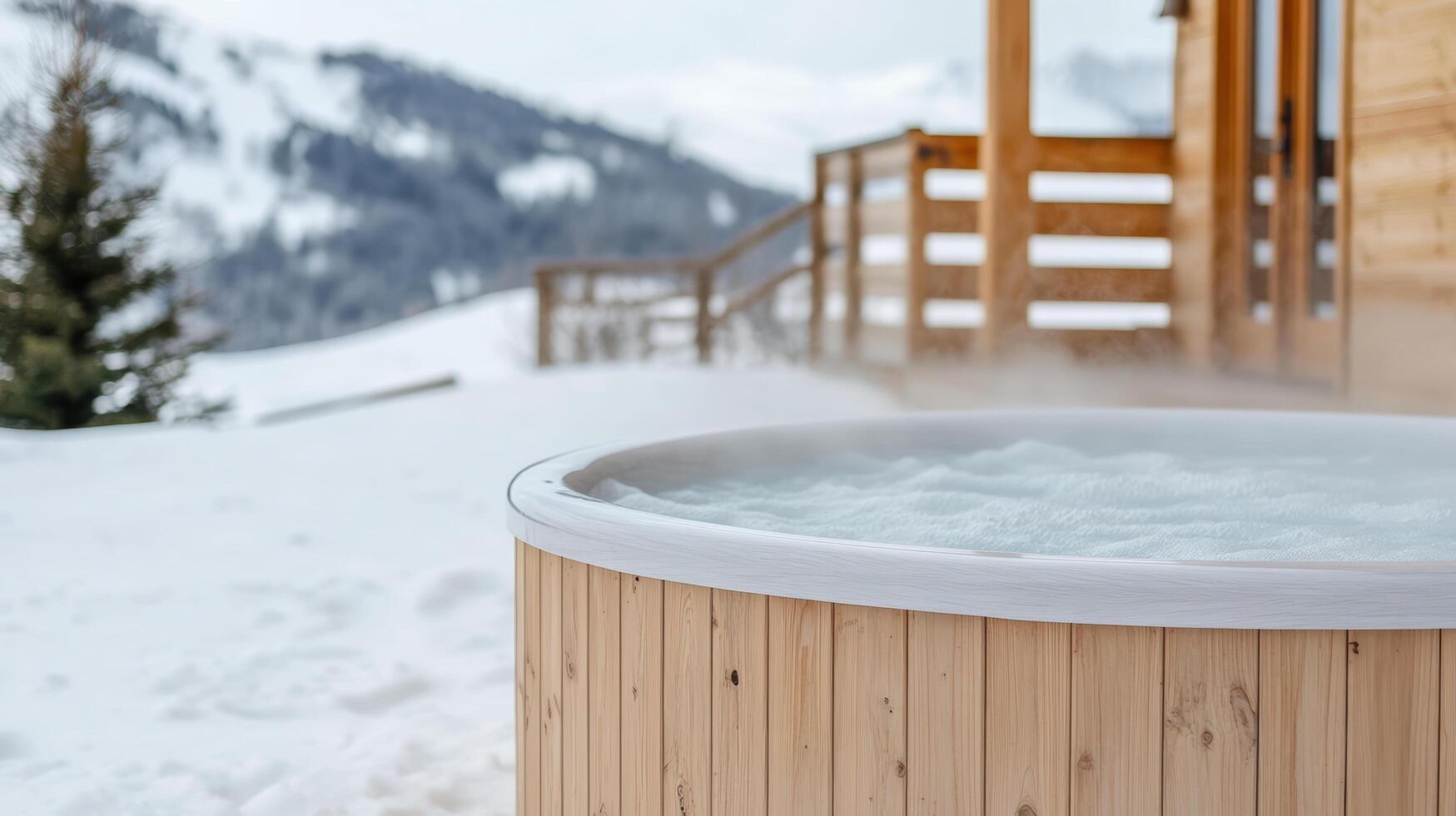 A hot tub in the snow with a mountain view photo