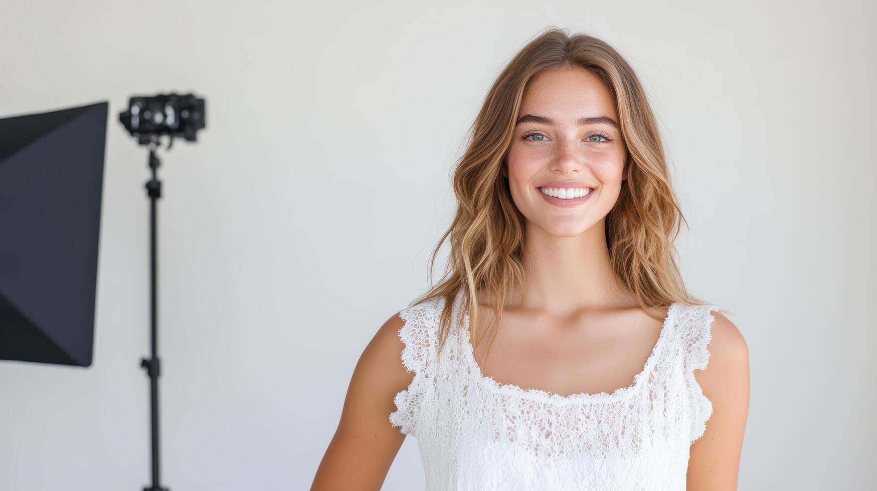 A woman in a white dress is smiling in front of a camera photo
