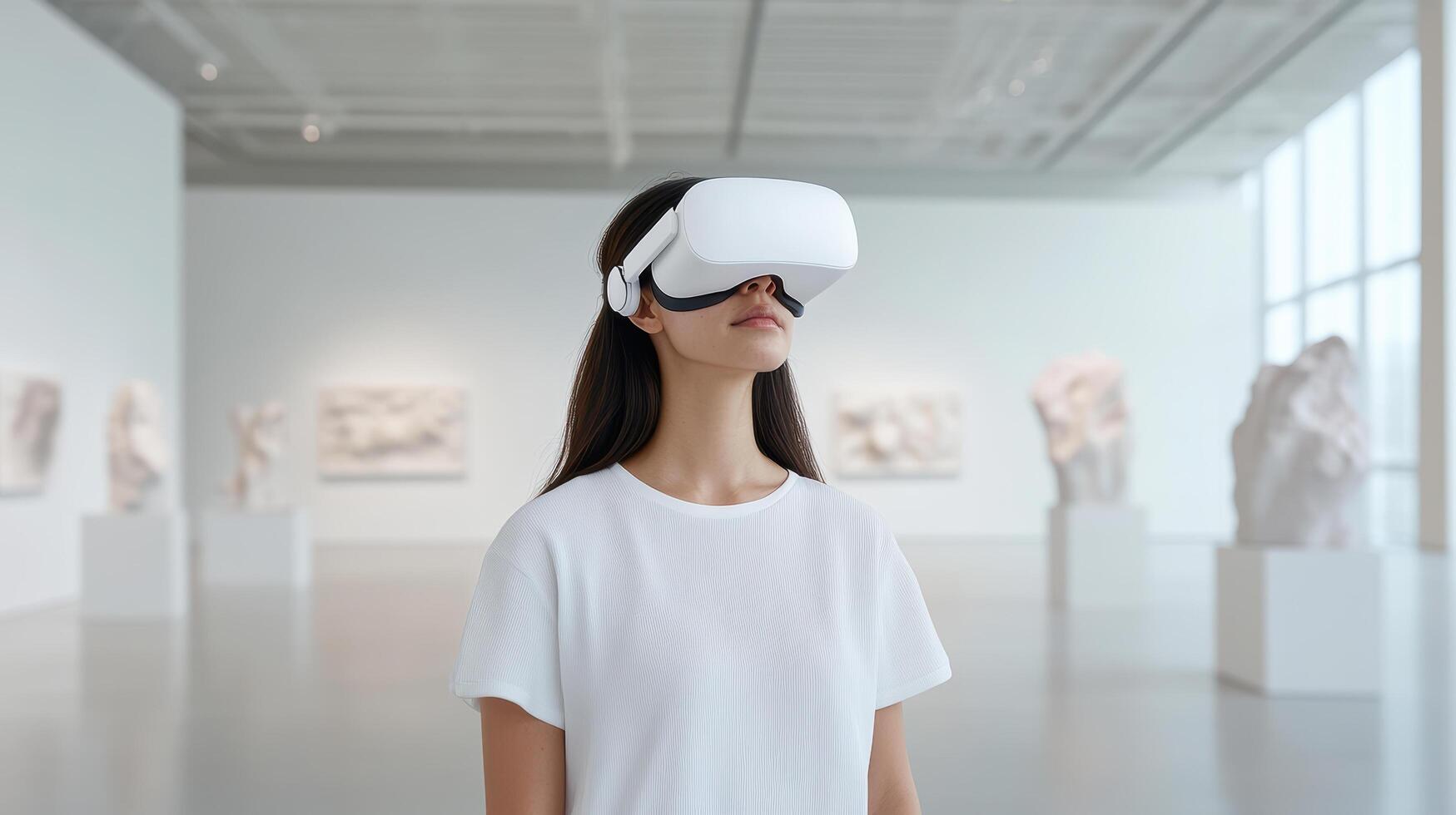 A woman wearing a virtual reality headset in an art gallery photo