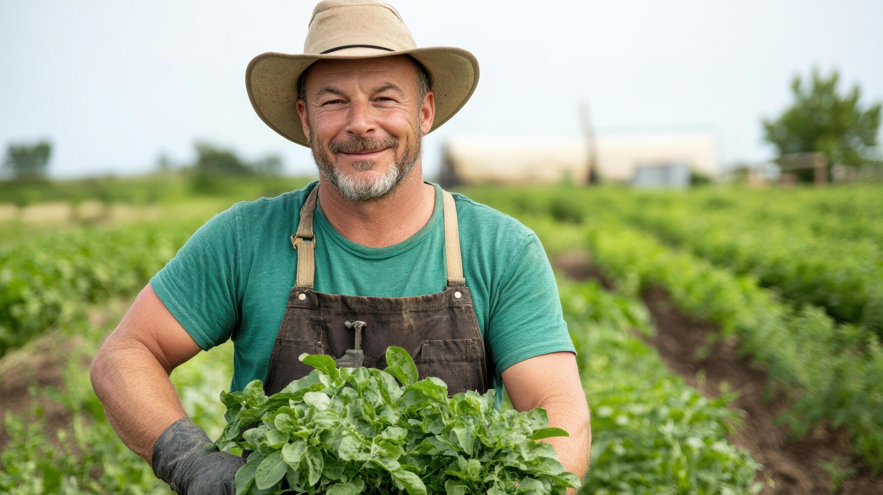 A smiling man in a hat holding a bunch of green vegetables photo