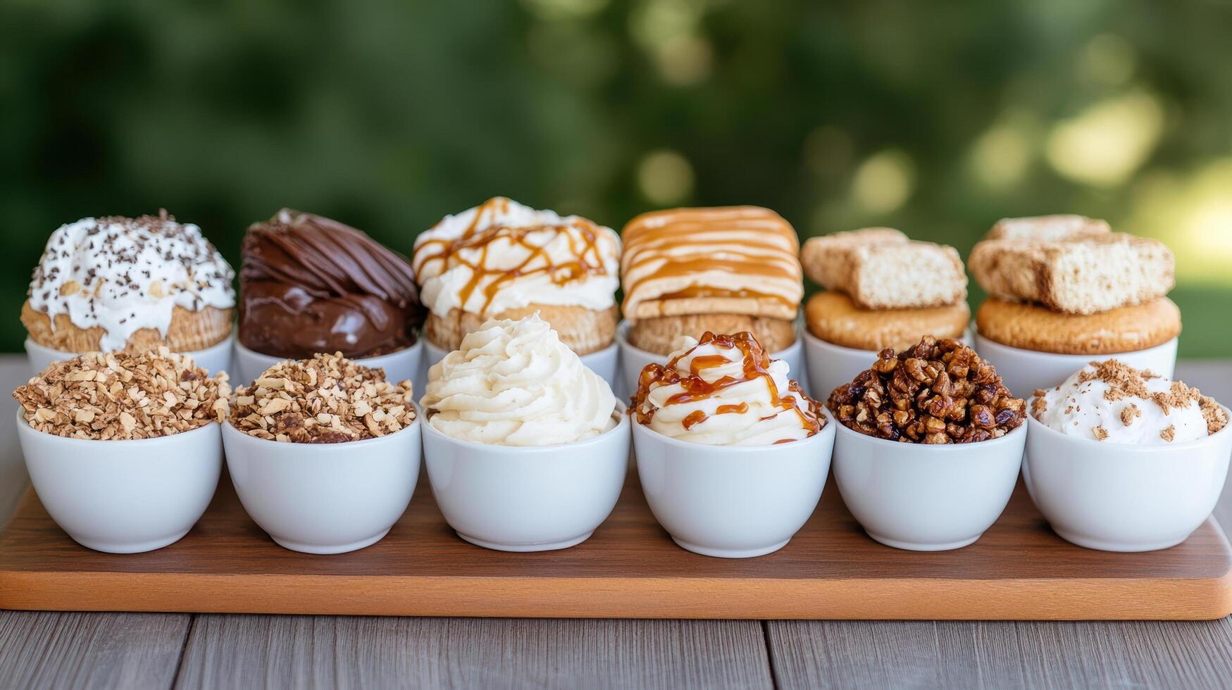 A tray of cupcakes with toppings on top photo