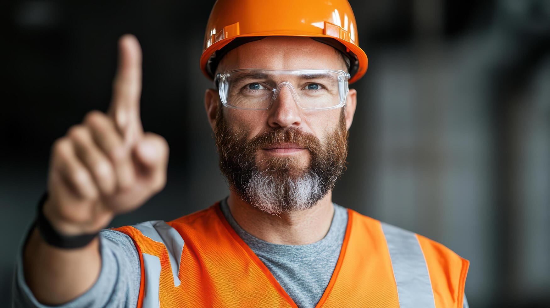 A man in an orange vest and safety glasses pointing at something photo