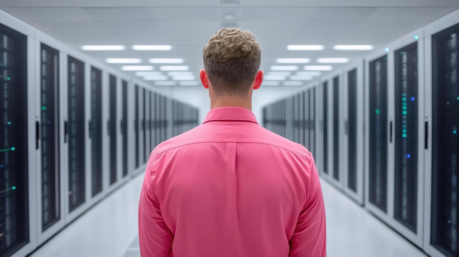 A man in a pink shirt standing in a server room photo