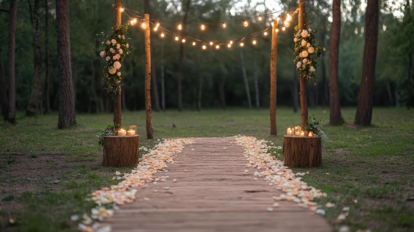 An outdoor wedding ceremony with string lights and flowers photo