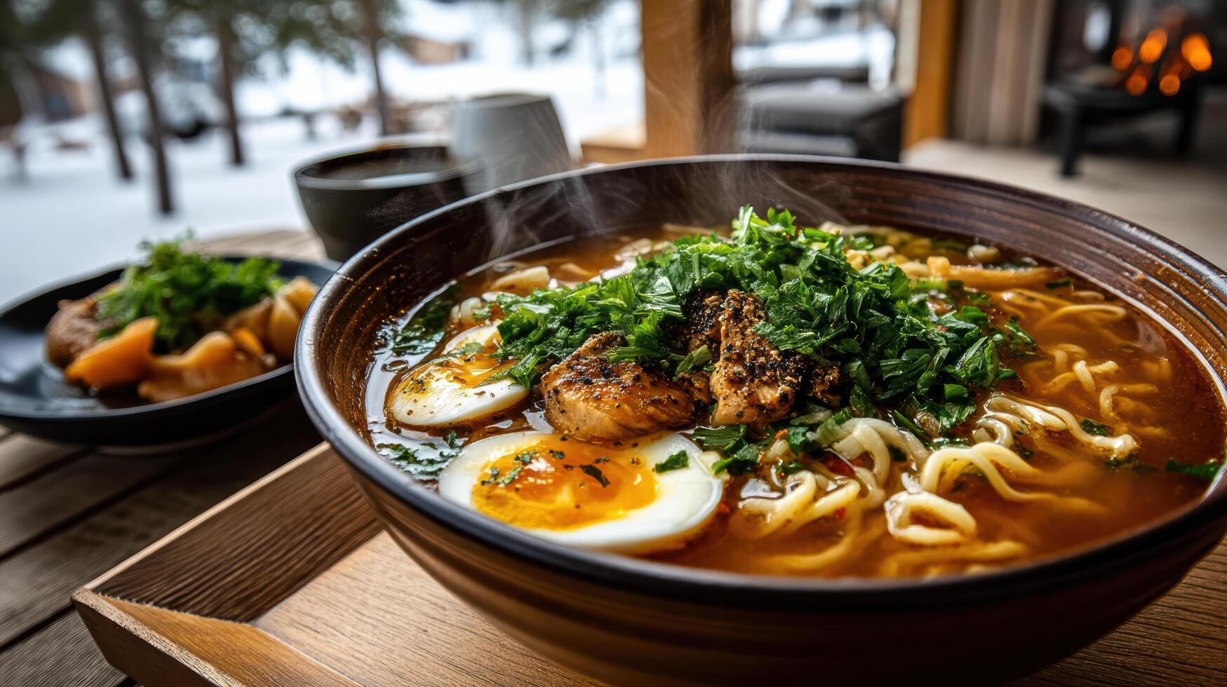 A bowl of ramen with eggs and meat is served on a wooden tray photo
