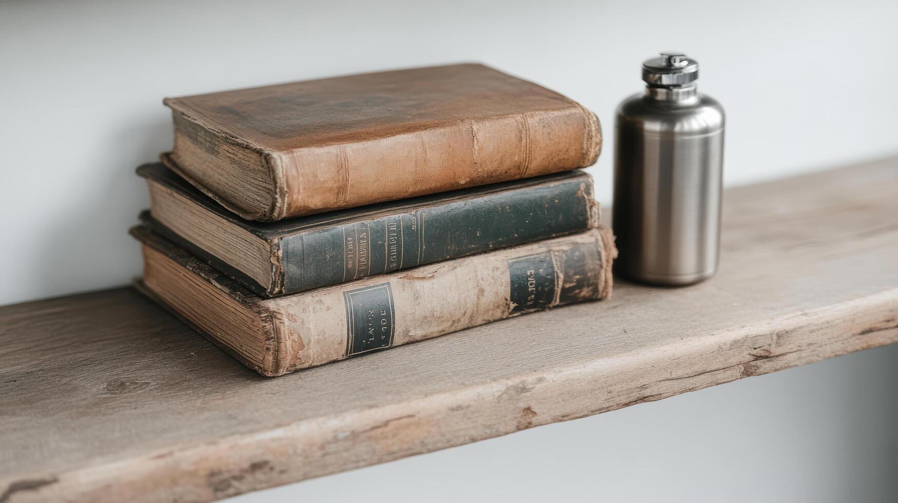 A stack of books and a metal water bottle on a shelf photo