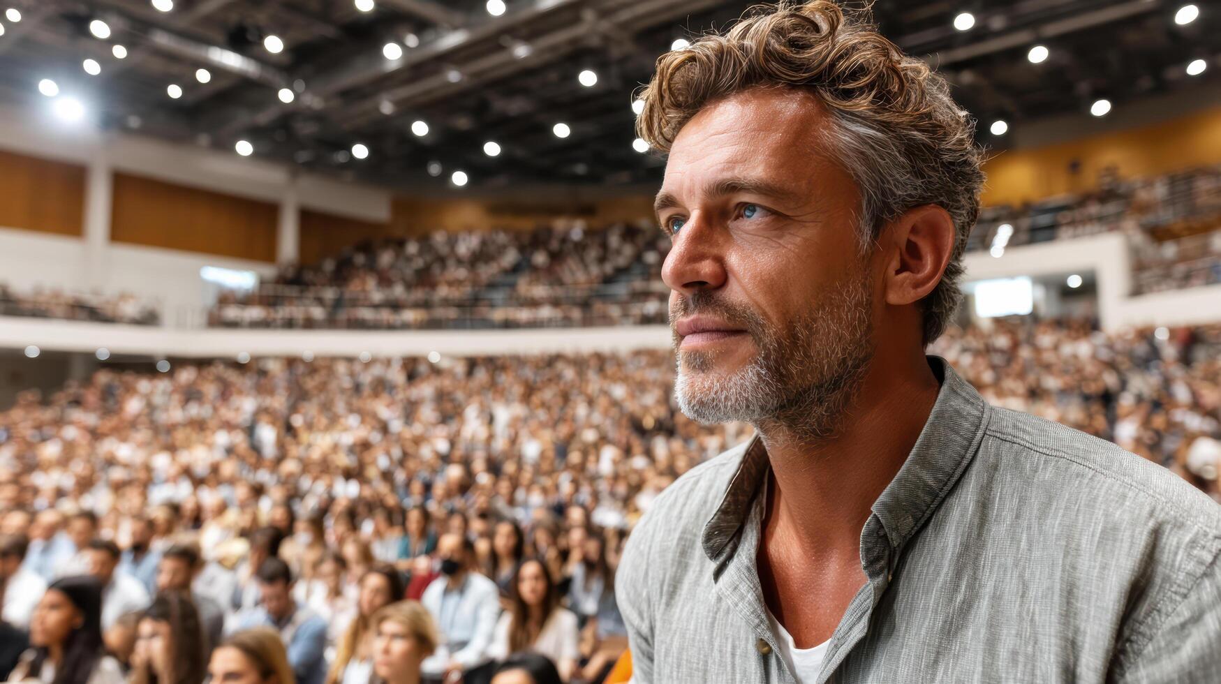 A man is standing in front of a crowd photo