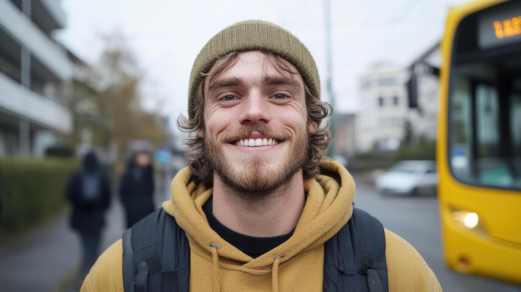 A man smiles while standing in front of a bus photo
