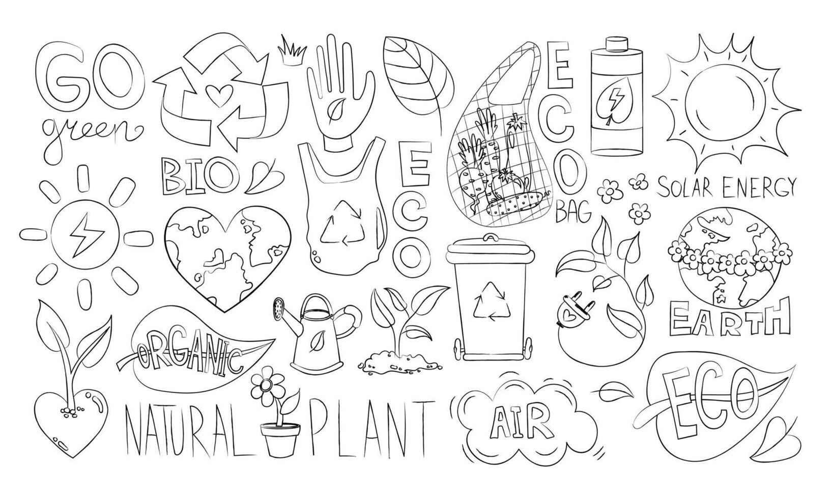 Hand-drawn eco doodles featuring recycling, solar power, organic plants, Earth conservation, and sustainable lifestyle graphics for green projects vector