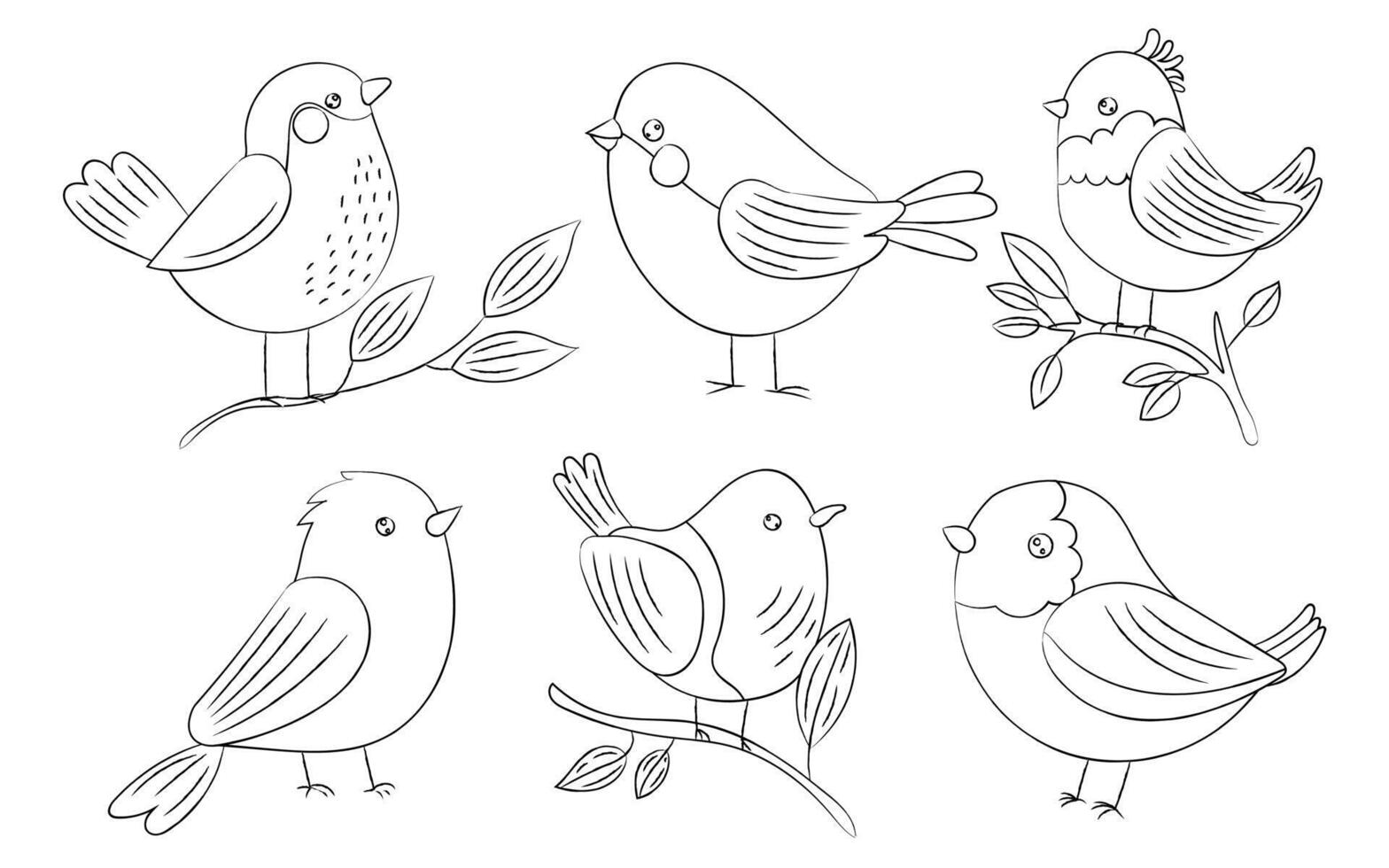 Cute outline birds with charming details perched on branches, perfect for nature, wildlife, spring art, sketching, and hand-drawn coloring pages vector