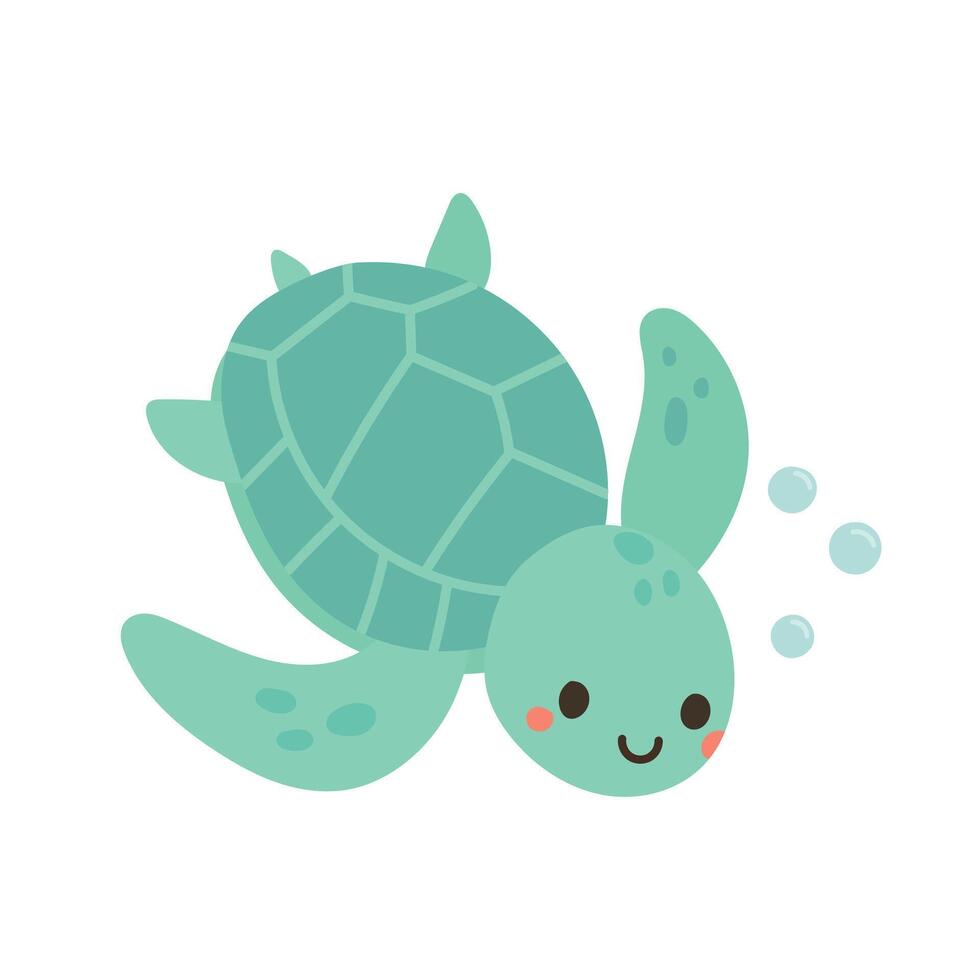 Happy green sea turtle swimming with bubbles, perfect for underwater world illustrations, marine life posters, and coastal nature themed designs vector