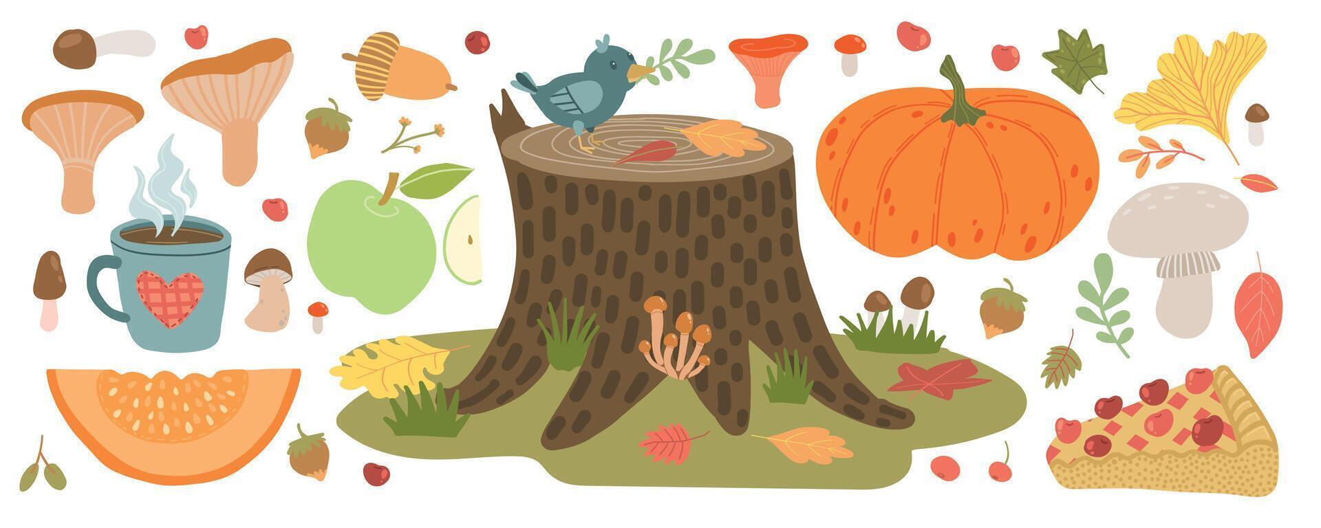 Autumn harvest scene with pumpkin, apple, stump, acorn, mushrooms, and cozy coffee cup, perfect for seasonal designs and rustic woodland vibes vector