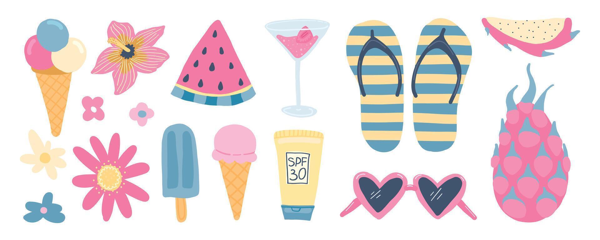Summer essentials with ice cream, cocktails, flip-flops, and sunscreen, capturing beach vacation vibes, tropical leisure, and colorful holiday fun vector