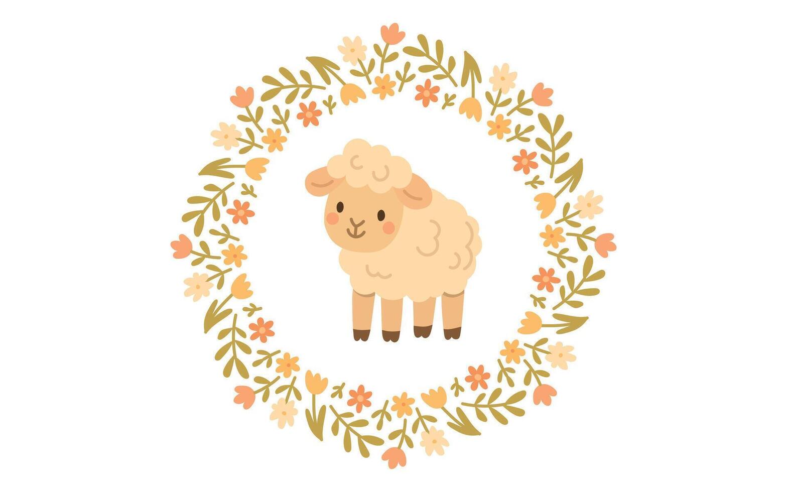 Cute lamb framed by floral wreath, perfect for spring farm designs and countryside nature illustrations featuring baby sheep, pasture, and rustic charm vector