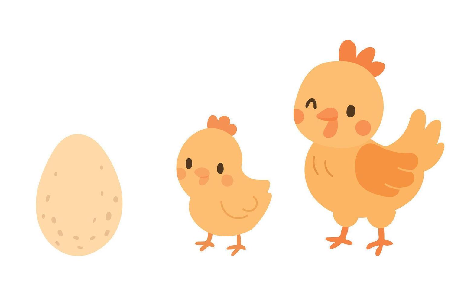 Cartoon hen, chick, and egg illustration with bright yellow tones, ideal for barnyard animal graphics, hatching themes, and playful poultry decor vector