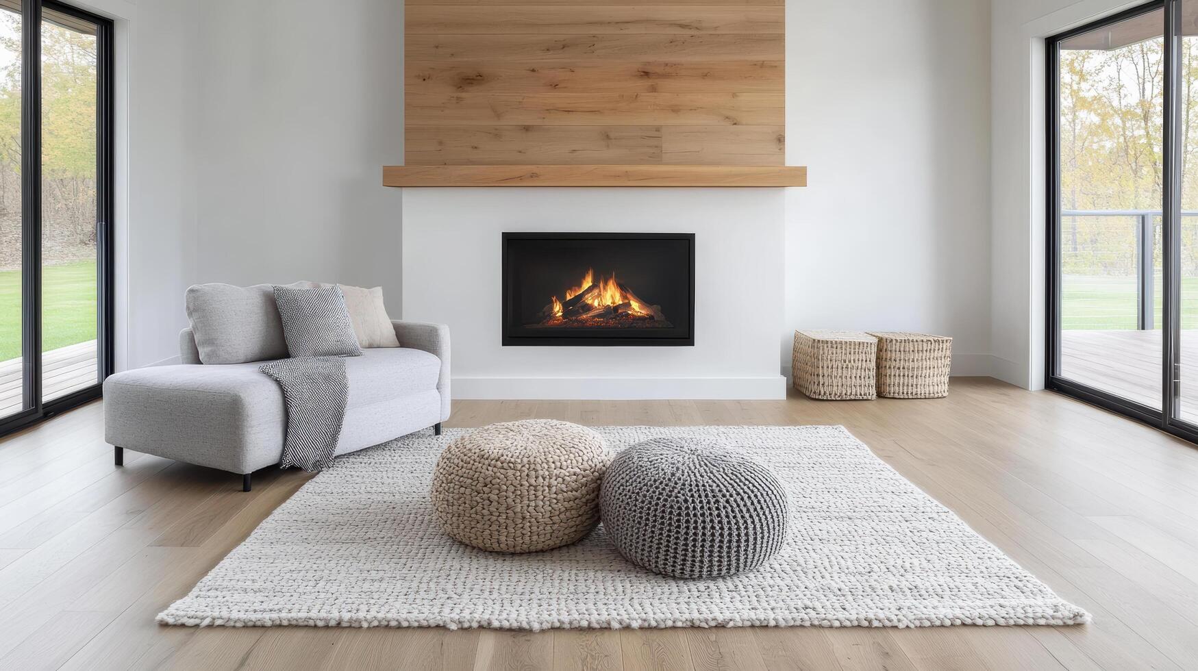 A modern living room with a fireplace and wood flooring photo