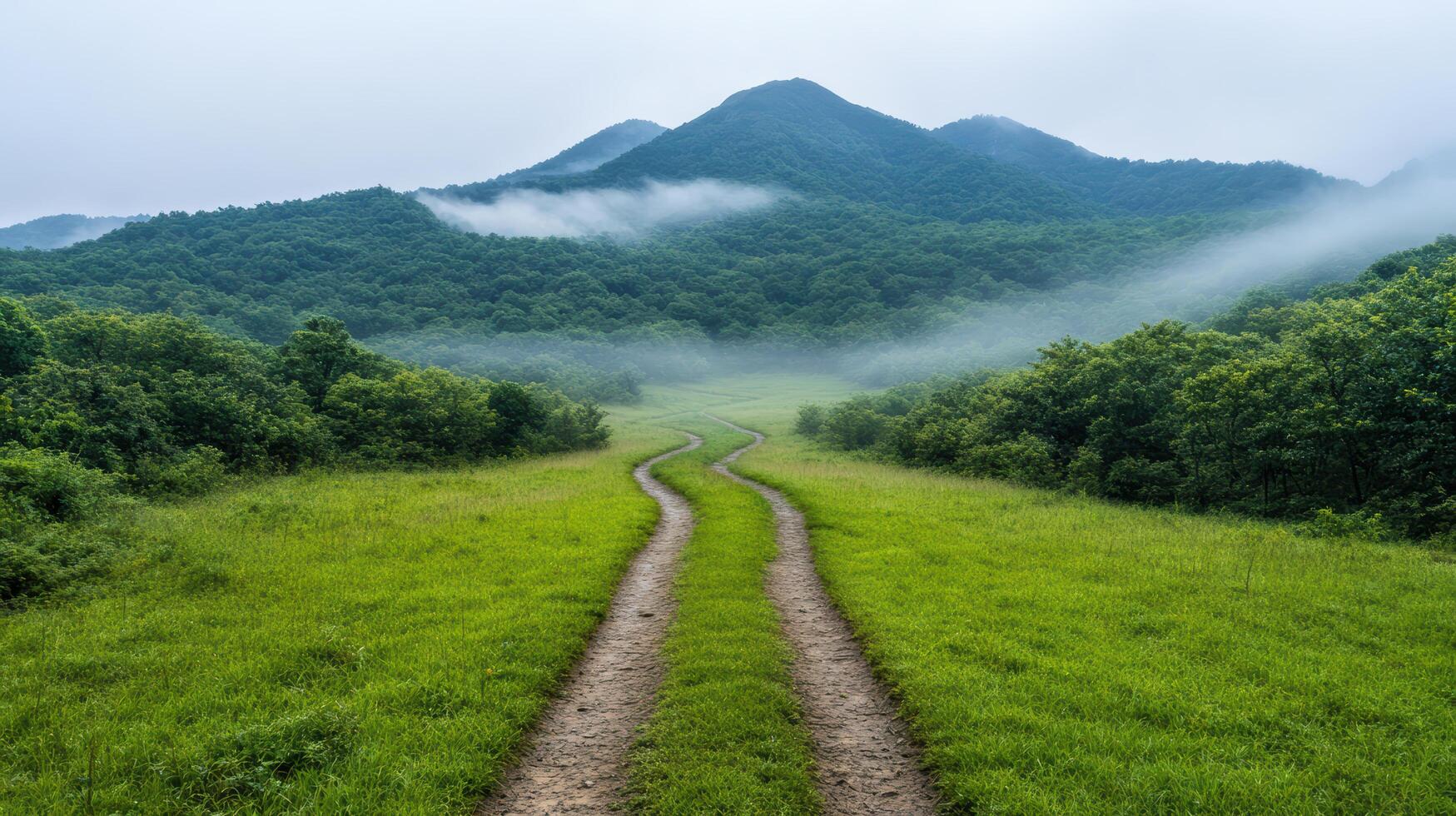 A dirt road leading to a mountain range with fog photo