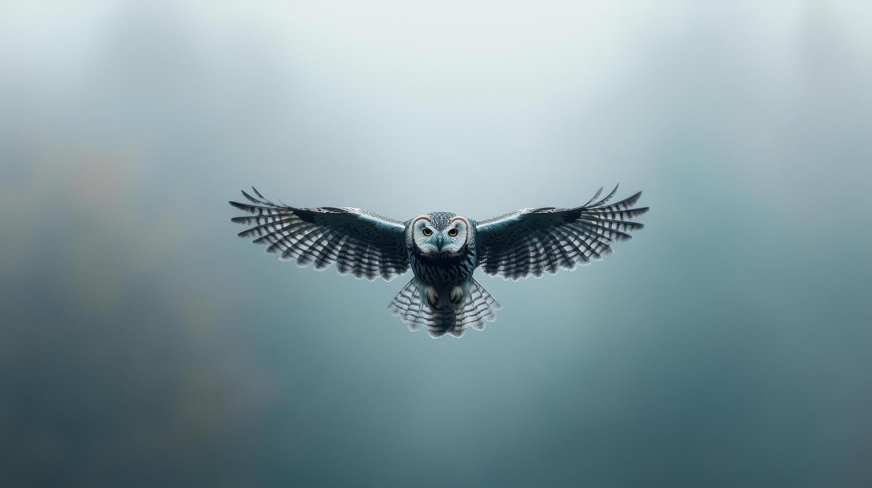 An owl flying in the air with fog in the background photo