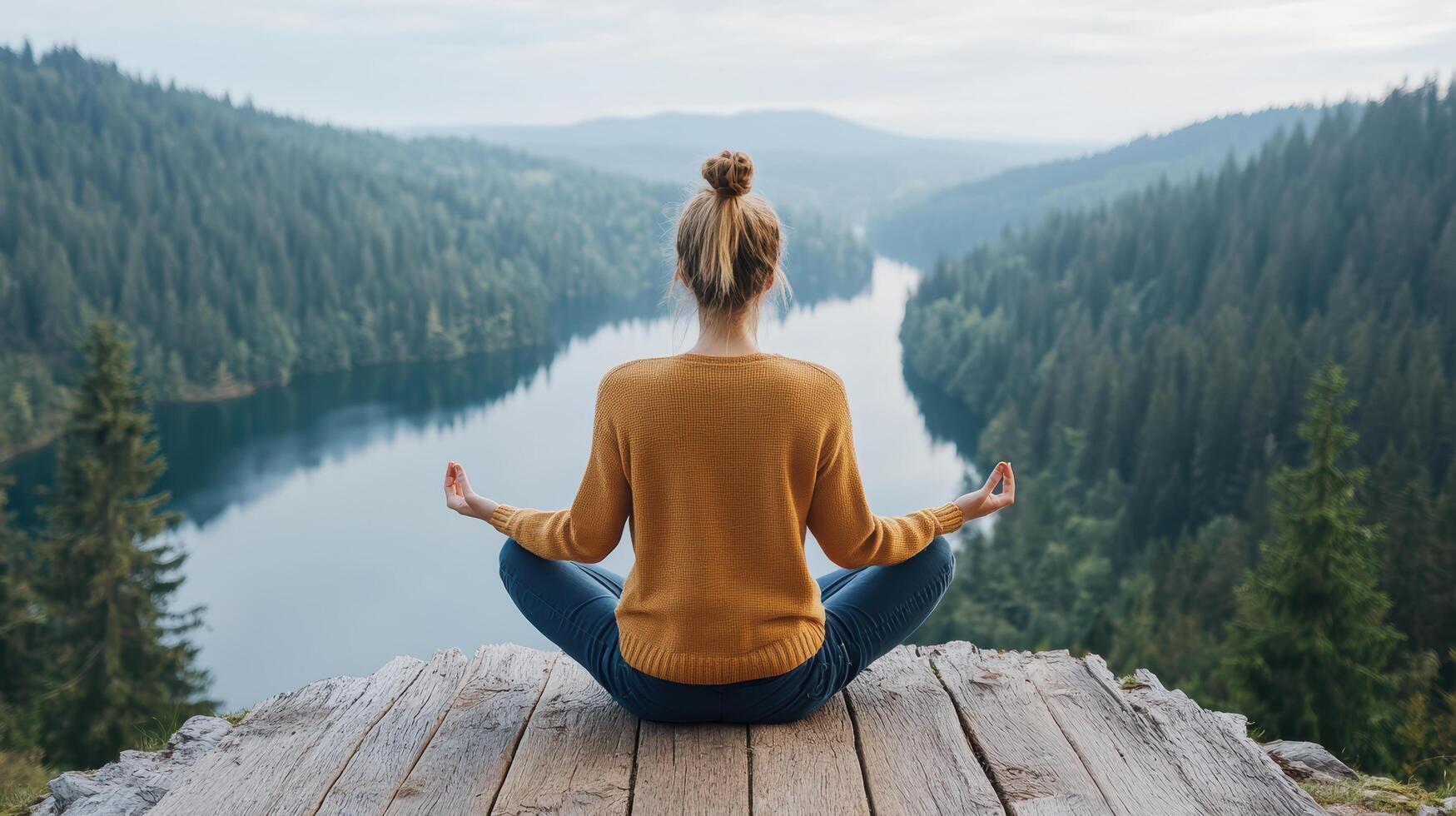 A woman meditating in lotus position on a wooden platform overlooking a lake photo
