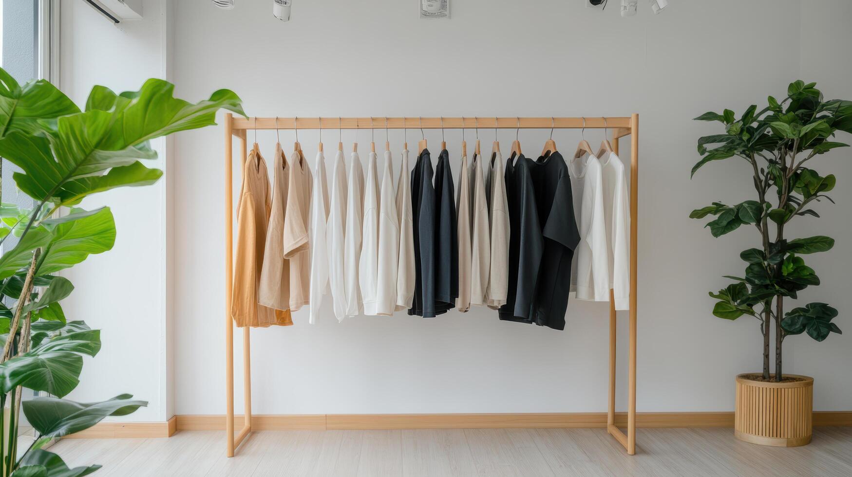 A rack of clothes in a room with a plant photo