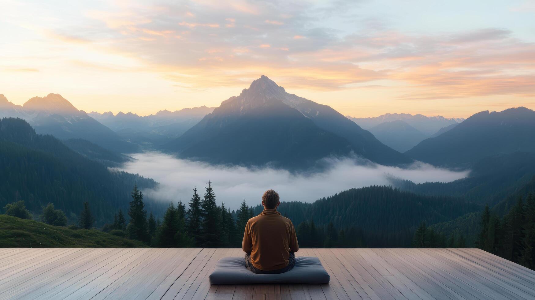 A person sitting in meditation in front of a mountain range photo